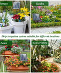 Solar Drip Irrigation System Auto Watering Kit For 15 Pots With 49 Ft Hose shown in terrace, garden, lawn, and conservatory.