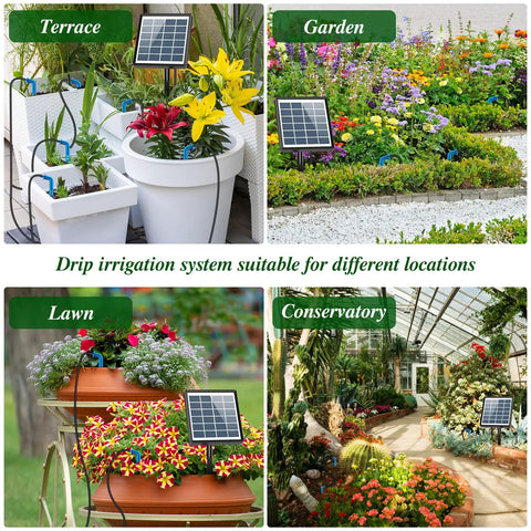 Solar Drip Irrigation System Auto Watering Kit For 15 Pots With 49 Ft Hose shown in terrace, garden, lawn, and conservatory.