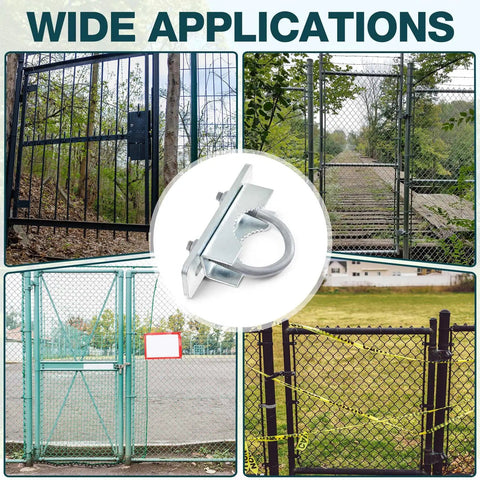 Built Like A Tank Adjustable Galvanized Gate Latch Stopper for Chain Link Fences and Pool Enclosures, shown with multiple gates in use.