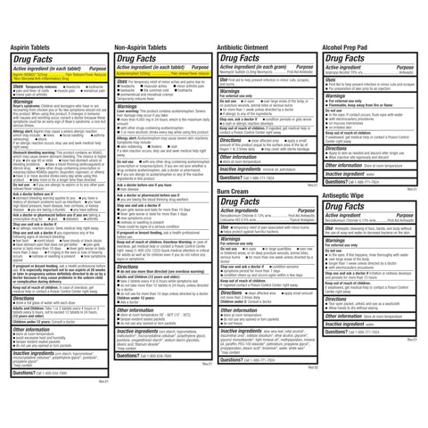 Front view of four drug facts label sheets for aspirin, non-aspirin, antibiotic ointment, and alcohol prep pad.