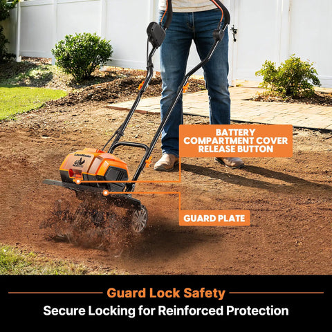 Powerful Workhorse Brushless 48V Cordless Tiller Cultivator with Two 24V Batteries and MX24V Charger, tilling garden soil.