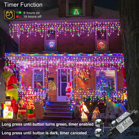 House decorated with Green Outdoor Icicle Christmas Lights 33ft 400 LED With Connectable Clear Wire 8 Modes Timer Waterproof Plug In.