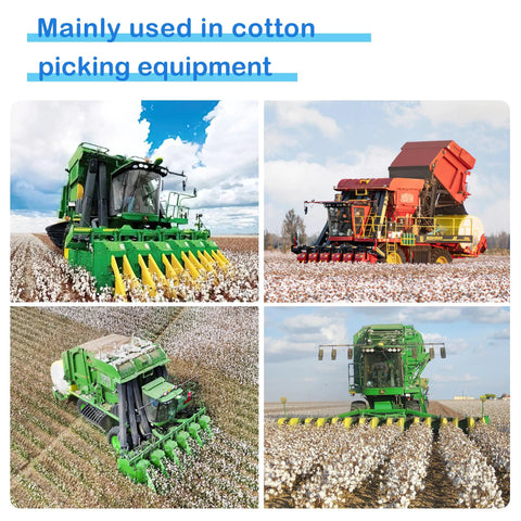 Various cotton-picking equipment operating in a field, showcasing efficiency in harvesting.