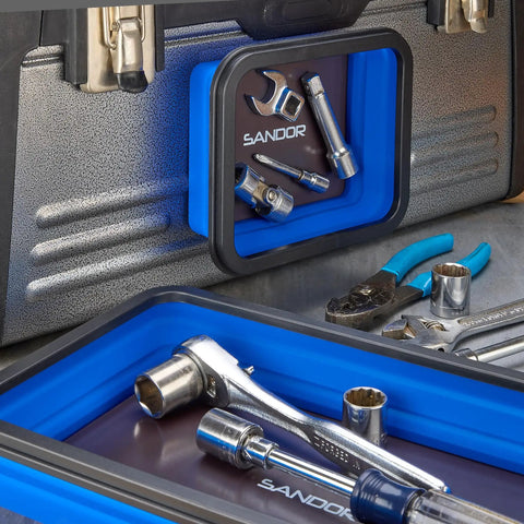 Magnetic Parts Tray Set With Three Collapsible Sizes For Mechanics holding tools, blue trays with non-marring rubber coated magnets.