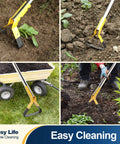 Adjustable 61 Inch Long Handle Stainless Steel Garden Hoe used for weeding, soil loosening, and ditching in various garden settings.