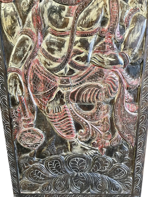 Slick Vintage Carved Wood Barn Door Panel Featuring An Epic Indian Ganesha Motif with intricate details and warm tones.