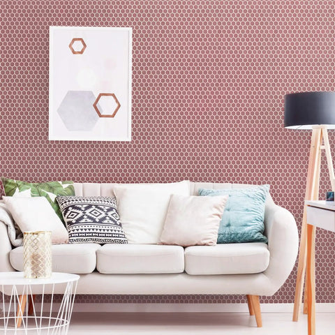 Living room with Tribeca 1 Inch Hex Glossy Blush Porcelain Tile For Floors And Walls, 10-1/4 By 11-7/8 Inch, mesh-mounted mosaic backdrop