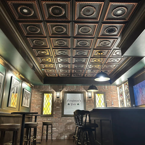 Laurel Wreath Faux Tin Ceiling Tile 2x2 PVC Antique Copper Finish in pub setting, easy glue-up or drop-in install, covers 40 sq ft