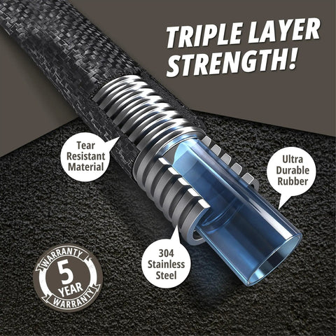 Built Tough 100 Ft Metal Garden Hose With Nozzle, 304 Stainless Steel Core, triple layer strength, product features