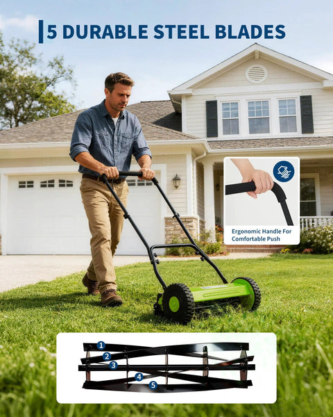Push Reel Lawn Mower 16 Inch With 5 Blade Reel For Clean Scissor Like Cuts No Fuss Adjustable Cutting Height Walk Behind Mower For Small Yards Compact Manual Grass Cutter Green Finish For Eco Friendly Yard Care used on a lawn