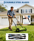 14 Inch Push Reel Lawn Mower With 5 Blade Reel For A Clean Scissor Like Cut Adjustable Cutting Height And Compact Walk Behind Mower Perfect For Small Yards And Easy Quiet Yard Work Great For Small Yards Easy To Push With No Gas And Quiet Operation. man mowing lawn with ergonomic handle