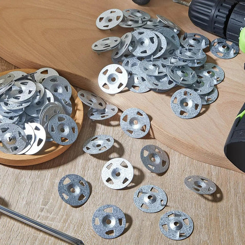 No Sweat 320 Piece Foam Board Fastener Kit with stainless washers on wooden surface for insulation panel installation.