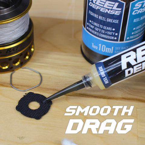 Reel Care Oil And Grease Kit With Two 10ml Syringes For Spinning And Baitcasting Reels, Works In Freshwater Saltwater Hardwater, Low Temp Performance -50F/-40C, All Weather Reel Maintenance For Smoother Casting And Longer Gear Life. 10ml grease syringe applying reel grease to fishing gear