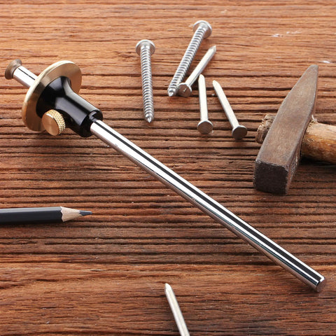 Wheel Marking Gauge With Two Extra Blades And Laser Engraved Graduations And A Solid Brass Face Adjustable For Precise Parallel Layouts On Wood Projects Must Have For DIY Woodworking displayed with tools on wooden surface