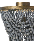 Close-up of Two-Tier Draped Wood Bead Semi-Flush Mount Ceiling Light With Gold-Washed Metal Base and light gray beads.