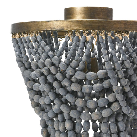 Close-up of Two-Tier Draped Wood Bead Semi-Flush Mount Ceiling Light With Gold-Washed Metal Base and light gray beads.