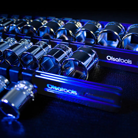 Aluminum Socket Organizer Set With Locking End Caps For One Quarter Inch Drive Sockets, Three Eighths Inch Drive Sockets, And One Half Inch Drive Sockets, 58 Socket Capacity Across 24 18 16 Clips, Professional Quality Socket Holder In Blue displayed on a dark background.