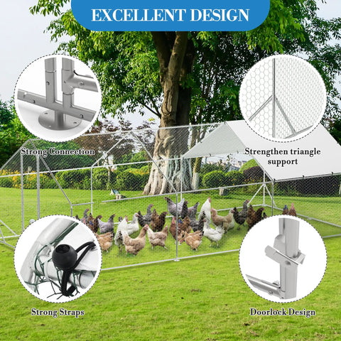 Beefy Heavy Duty Metal Chicken Coop Walk In Run With Waterproof UV Resistant Cover in backyard showcasing strong connections and mesh
