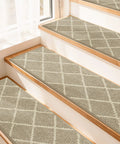 Grey non slip peel and stick stair treads with diamond pattern on wooden steps, 9x28 indoor runners, 10 pack, no glue needed.