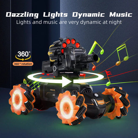 Nerf Compatible RC Battle Tank with Soft Bullets, 360 Degree Spin, LED Lights, Orange wheels, music notes, dynamic music effect.