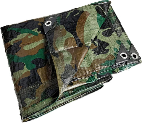 Camouflage 19 Foot By 29 Foot 4 Inch 7 Mil Poly Tarp Built Tough All Purpose Waterproof Cover with rust-proof grommets.