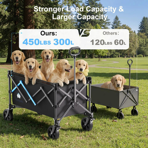 Heavy Duty Folding Wagon Cart With Brakes 39 Inch All Terrain Wheels Adjustable 150L To 300L Storage Capacity Up To 450 Lb Load with dogs inside, showing load comparison.