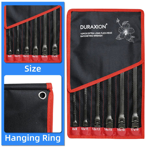 Extra Long Flex Head Ratcheting Wrench Set Six Piece Metric 8-19mm with Double Box End 180 Degree Flex Head in storage pouch