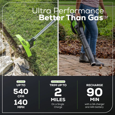 No Hassle 60V Cordless String Trimmer And 540 CFM Air Blower Yard Work Combo Set with dual function in yard use.