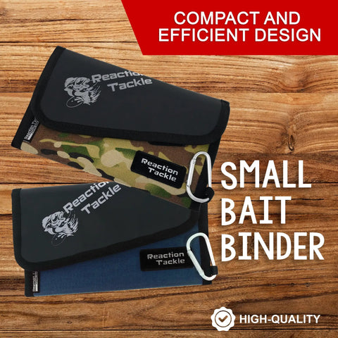 Fishing Tackle Organizer Case With Soft Bait Binder, Ultra Portable 8.5 By 5.5 By 1 Inch Slim Binder, bag design on wooden background
