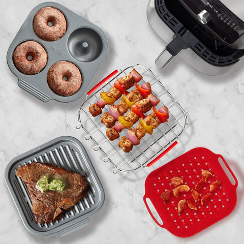 Vortex Air Fryer Accessory Set For 6 Qt And 10 Qt Models, grilling tools, silicone bakeware, donuts, skewers, steak on grill pan.