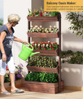 Woman watering Vertical Wooden Five Tier Garden Bed With Five Planter Boxes Freestanding Plant Stand For Herbs Flowers Vegetables And Succulents Perfect For Small Spaces On Balconies Patios Or Indoors A Space Saver Carbonized Wood Finish For Outdoor Or Indoor Use