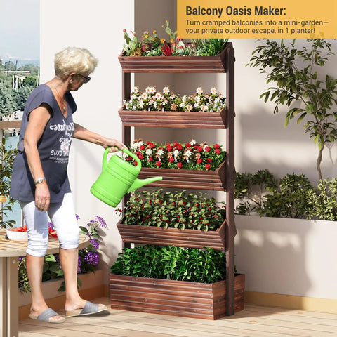 Woman watering Vertical Wooden Five Tier Garden Bed With Five Planter Boxes Freestanding Plant Stand For Herbs Flowers Vegetables And Succulents Perfect For Small Spaces On Balconies Patios Or Indoors A Space Saver Carbonized Wood Finish For Outdoor Or Indoor Use