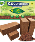 Four 1.25 Lb Coco Coir Bricks Expand To Nine Gallons, Ultra-Pure No-Rinse Seed Starter Mix with packaging and bricks