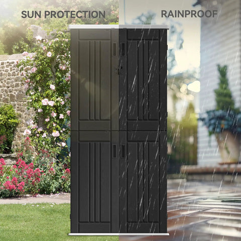 DIY Ready Outdoor Tall Storage Cabinet With Four Shelves Waterproof Resin Shed For Patio And Garden Lockable 30 Cu Ft Capacity showcasing sun protection and rainproof features in garden setting.