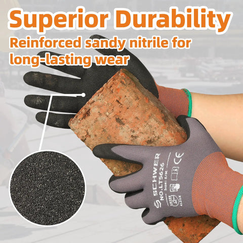 6 Pairs Sandy Nitrile Coated Safety Work Gloves Level 6 Abrasion Resistance gripping a brick, showcasing heavy duty grip for construction