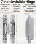 Diagram of 7 inch invisible hinge showing dimensions and installation for hidden door hinges 7 inch stainless steel concealed hinges for doors.