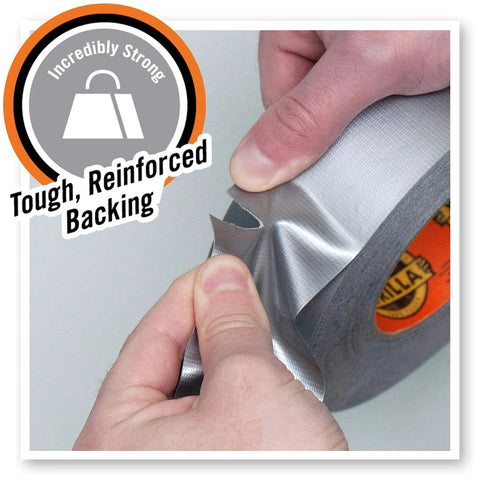 Close-up of Heavy Duty Silver Duct Tape 1.88 Inch By 35 Yard Double Thick Adhesive being torn by hands, showcasing reinforced backing.