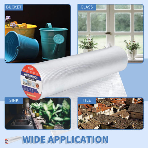 Heavy Duty Butyl Waterproof Tape 20 Inch By 32.8 Feet Aluminum Foil Backed Seal Strip displayed with various application uses.