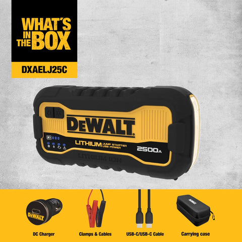 2500 Peak Amp Lithium Kickstart Jump Starter With USB Power Bank, shown with case and accessories, ideal for 12V cars and trucks.