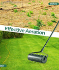 18 Inch Manual Lawn Aerator With Heavy Duty Rolling Tines And 27 Rustproof Spikes, 51 Inch Detachable Handle, on lawn