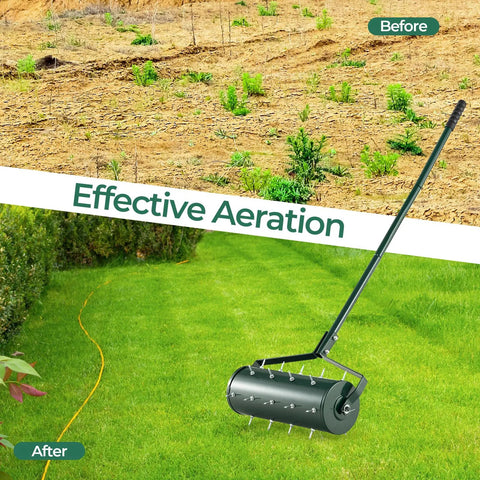 18 Inch Manual Lawn Aerator With Heavy Duty Rolling Tines And 27 Rustproof Spikes, 51 Inch Detachable Handle, on lawn