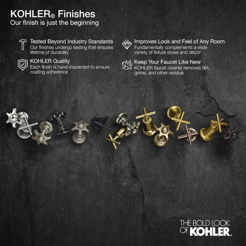 Kohler faucet handles with various finishes against dark stone, showcasing metal durability and design variety in a bold look.