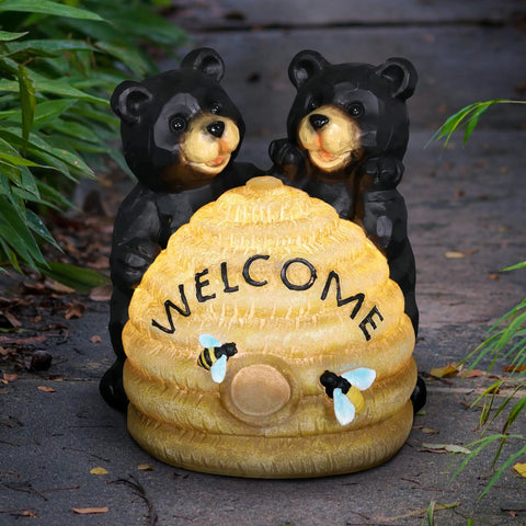 Solar Bee Hive Welcome Sign Garden Statue With LED Lights Durable Resin Outdoor Decor Cute 8 Inch Porch Ornament For Yard Or Patio Whimsical Beehive Garden Figure That Sparks Nighttime Glow with bear figures
