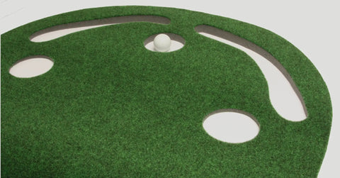 Grassroots Par Three Putting Green 9 Feet By 3 Feet With Kidney Shaped Surface PET Resin Made In USA with ball in cup