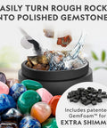 Ultra Quiet Rock Tumbler Kit For Kids And Adults, 2 Pound Barrel With Rocks, water pouring, and GemFoam for polishing.