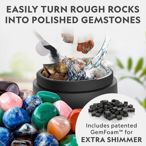 Ultra Quiet Rock Tumbler Kit For Kids And Adults, 2 Pound Barrel With Rocks, water pouring, and GemFoam for polishing.