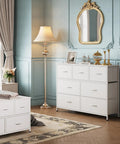 Bedroom with Seven Drawer Dresser And TV Stand With Wood Top, Fabric Storage Tower, white, sturdy steel, easy pull handles.