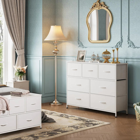 Bedroom with Seven Drawer Dresser And TV Stand With Wood Top, Fabric Storage Tower, white, sturdy steel, easy pull handles.