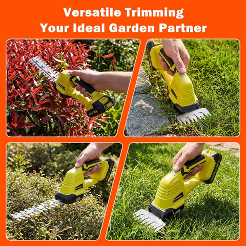 2 In 1 Cordless Hedge Trimmer Kit With 2 Batteries And Charger For Lawn Edges And Shrub Shaping in action on bushes and grass