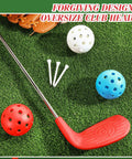 Left Hand 36 Inch Plastic Golf Chipping Club Set With Oversized Head For Home Backyard Bucket Game Indoor Outdoor Training Includes One Club Three Practice Balls And Three Tees Gift For Grown Ups, showing red club head, practice balls, and tees on grass.